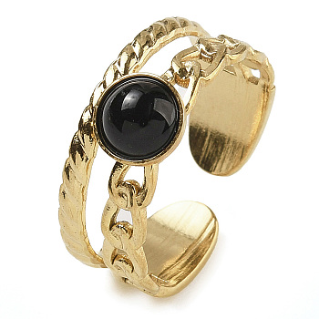 Natural Black Onyx Finger Rings, 304 Stainless Steel Open Cuff Rings, Real 18K Gold Plated, 8.5mm, Adjustable