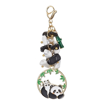 Panda Alloy Enamel Pendant Decorations, Natural Obsidian & Synthetic White Howlite Chip Beads and 304 Stainless Steel Lobster Claw Clasps Charms, White, 78mm
