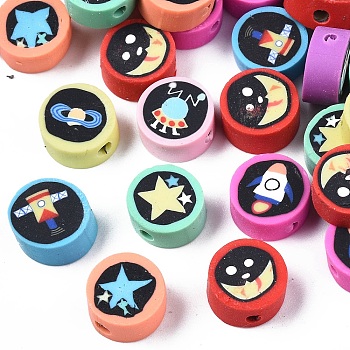 Handmade Polymer Clay Beads, Flat Round with Space Theme Pattern, Mixed Color, 9~10x4~5mm, Hole: 1.6mm