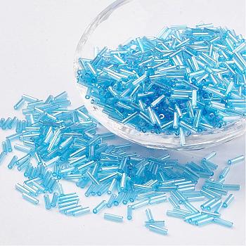 Glass Bugle Beads, Transparent Colours Rainbow, Cyan, 9x2mm, Hole: 0.5mm, about 7000pcs/bag