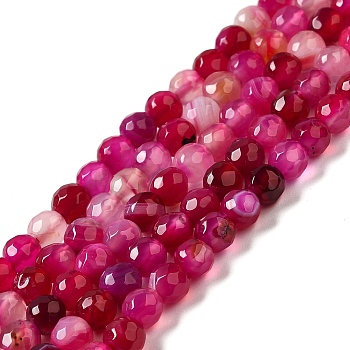 Natural Striped Agate/Banded Agate Beads Strands, Dyed & Heated, Faceted Round, Camellia, 8mm, Hole: 1mm, about 46pcs/strand, 14.69~15.16''(37.3~38.5cm)