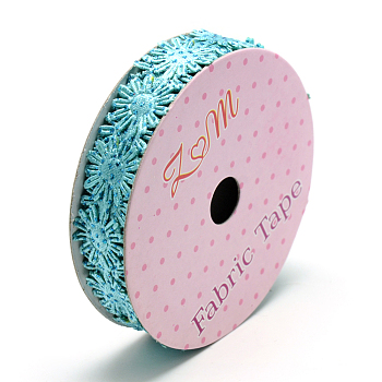 Glitter Powder Polyester Ribbons, Flower, Pale Turquoise, 5/8 inch(17mm), about 2yards/roll(1.8288m/roll)