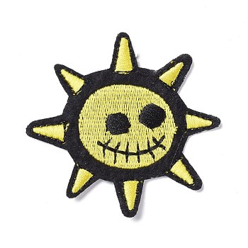 Computerized Embroidery Cloth Iron on/Sew on Patches, Costume Accessories, Appliques, for Backpacks, Clothes, Sun with Pirate Face, Yellow, 61x59x1.7mm