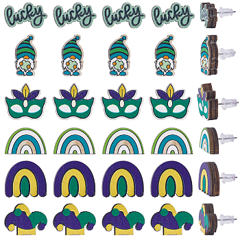 60Pcs 6 Styles Saint Patrick's Day Wood Stud Earrings, with 316 Stainless Steel Pins & 60Pcs Silicone Ear Nuts, Mask & Word Lucky & Rainbow & Gnome, Green, 10.5~16.5x8.5~17mm, 10Pcs/style