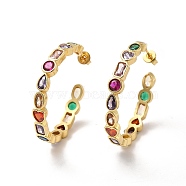 Cubic Zirconia Geometry Stud Earring, Real 18K Gold Plated Brass Half Hoop Earrings for Women, Colorful, 33.5x35x5mm, Pin: 0.6mm(EJEW-C050-03G)