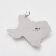 201 Stainless Steel Pendants, Map of Texas, Stainless Steel Color, 26x31x1mm, Hole: 3mm(STAS-T038-71)