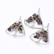 Long-Lasting Plated Brass Pendants, Wire Wrapped Pendants, with Natural Tourmaline Chips, Triangle with Tree, Platinum, 39~40x30~31x4~8mm, Hole: 4.5mm(KK-D531-02P-02)