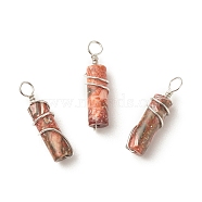 Natural Leopard Skin Jasper Pendants, with Platinum Plated Eco-Friendly Brass Wire Wrapped, Column, 19.5~20x5~5.5mm, Hole: 2.4~2.7mm(PALLOY-JF01575-04)