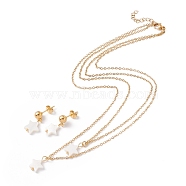 Synthetic Shell Star Pendant Double Layer Neckalces and Dangle Stud Earrings, Gold Plated 304 Stainless Steel Jewelry Sets for Women, White, 16.3 inch(41.4cm), 22mm, Pin: 0.8mm(SJEW-F217-01B-G)