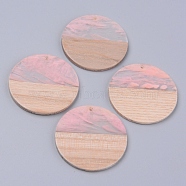 Resin & Wood Pendants, Two Tone, Flat Round, Pink, 38x2~3mm, Hole: 2mm(X-RESI-R428-03B)
