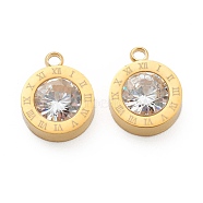 304 Stainless Steel Rhinestone Charms, Flat Round with Roman Numerals, Crystal, Golden, 14x11x4.5mm, Hole: 1.8mm(STAS-Z009-17G)