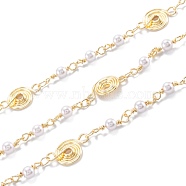 Handmade Brass Beaded Chains, with Glass Imitation Pearl, Swirl, Long-Lasting Plated, Soldered, with Spool, Light Gold, link: 4x3x0.4mm, bead: 13x4mm,  Flat round: 15x9x2mm, 32.8 Feet(10m)/roll(CHC-M021-17LG)