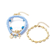 Stretch & Beaded & Link Chain Bracelets Sets, with Handmade Polymer Clay Beads, Brass Pendant, Alloy Links, Cornflower Blue, Inner Diameter: 2-5/8 inch(6.8cm), 7.48 inch(190mm), 7.28 inch(185mm), 3pcs/set(BJEW-JB06563-03)