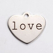 Stainless Steel Heart Pendants, with Word Love, Cadmium Free & Nickel Free & Lead Free, Stainless Steel Color, 21x24x1mm, Hole: 2mm(STAS-L165-C13)