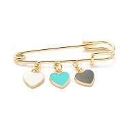 Triple Heart Enamel Charm Brooch, Safety Pin for Backpack Clothes, Golden, Green, 30x50mm(JEWB-BR00065-02)