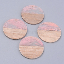 Resin & Wood Pendants, Two Tone, Flat Round, Pink, 38x2~3mm, Hole: 2mm(X-RESI-R428-03B)