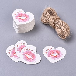 Paper Gift Tags, Hange Tags, For Arts and Crafts, with Jute Twine, for Wedding, Valentine's Day, Heart with Lip Print, Hot Pink, 36x40x0.5mm; 50pcs/set(CDIS-L004-M01)