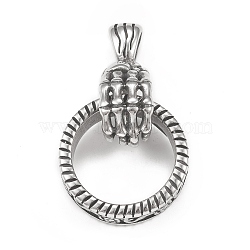 304 Stainless Steel Pendants, Skeleton Hand with Ring Charm, Antique Silver, 49mm, Hole: 4.4x8mm(STAS-G303-21AS)