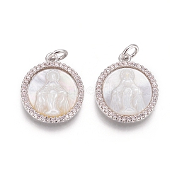 Brass Pendants, with Micro Pave Cubic Zirconia, Shell and Jump Rings, Flat Round with Virgin Mary, Clear, Platinum, 17.5x15x3mm, Hole: 3mm(KK-I656-42P-01)
