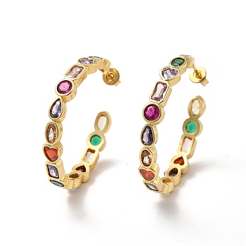 Cubic Zirconia Geometry Stud Earring, Real 18K Gold Plated Brass Half Hoop Earrings for Women, Colorful, 33.5x35x5mm, Pin: 0.6mm