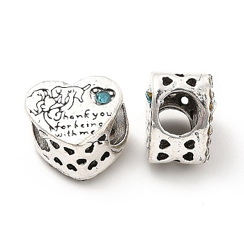 Rack Plating Alloy Rhinestone European Beads, Large Hole Beads, Heart with Dog & Word Thank You for Being with Me, Light Rose, 10.5x12x8mm, Hole: 4.5mm