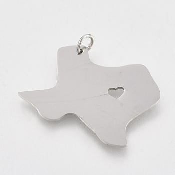 201 Stainless Steel Pendants, Map of Texas, Stainless Steel Color, 26x31x1mm, Hole: 3mm