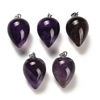 Natural Amethyst Pendants, with Platinum Plated Iron Snap on Bails, Teardrop, 24~25x15~16mm, Hole: 7x3.5mm