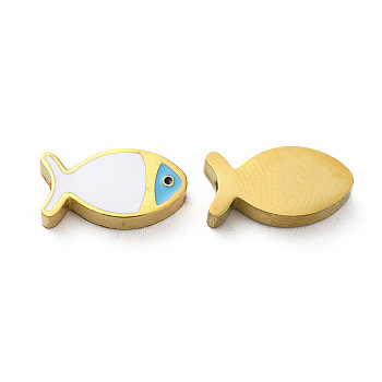 Ion Plating(IP) 304 Stainless Steel Beads, with Enamel, Real 18K Gold Plated, Fish, White, 7x13.5x3mm, Hole: 1.8mm