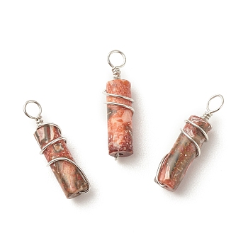 Natural Leopard Skin Jasper Pendants, with Platinum Plated Eco-Friendly Brass Wire Wrapped, Column, 19.5~20x5~5.5mm, Hole: 2.4~2.7mm