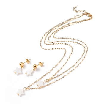 Synthetic Shell Star Pendant Double Layer Necklaces and Dangle Stud Earrings, Gold Plated 304 Stainless Steel Jewelry Sets for Women, White, 16.3 inch(41.4cm), 22mm, Pin: 0.8mm