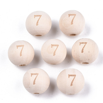 Unfinished Natural Wood European Beads, Large Hole Beads, Laser Engraved Pattern, Round with Number, Num.7, 15~16x14~15mm, Hole: 4mm