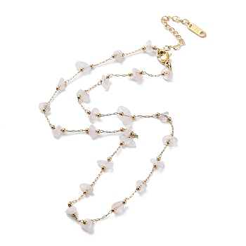 Natural Rose Quartz Chips Beaded Chain Necklace, with Golden 316 Surgical Stainless Steel Chains, 15.55~15.75 inch(39.5~40cm)