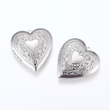 201 Stainless Steel Locket Pendants, Photo Frame Charms for Necklaces, Heart, Stainless Steel Color, 42x40x9mm, Hole: 2mm, Inner Size: 26x30mm