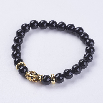 Natural Black Agate Beads Stretch Bracelets, with Alloy Finding, Buddha's Head, Dyed, 2-1/8 inch(55mm)