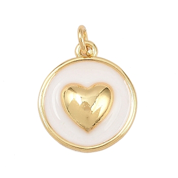 Brass Enamel Pendants, with Jump Ring, Flat Round with Heart Charms, Lead Free & Cadmium Free, Long-Lasting Plated, Real 18K Gold Plated, Rack Plating, White, 16.5x14x1.5mm, Hole: 2.5mm