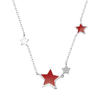 SHEGRACE 925 Sterling Silver Pendant Necklaces, with Epoxy Resin and Cubic Zirconia, Star, Platinum, Red, 15.75 inch(40cm), Star: 13mm