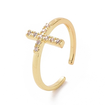 Clear Cubic Zirconia Cross Open Cuff Ring, Brass Jewelry for Women, Golden, Inner Diameter: 17.8mm