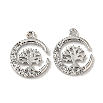 Brass Micro Pave Clear Cubic Zirconia Pndants, Moon with Tree of Life, Real Platinum Plated, 12x10x1.5mm, Hole: 0.9mm