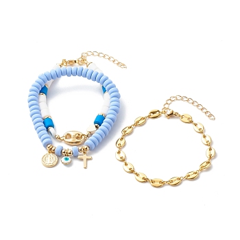 Stretch & Beaded & Link Chain Bracelets Sets, with Handmade Polymer Clay Beads, Brass Pendant, Alloy Links, Cornflower Blue, Inner Diameter: 2-5/8 inch(6.8cm), 7.48 inch(190mm), 7.28 inch(185mm), 3pcs/set