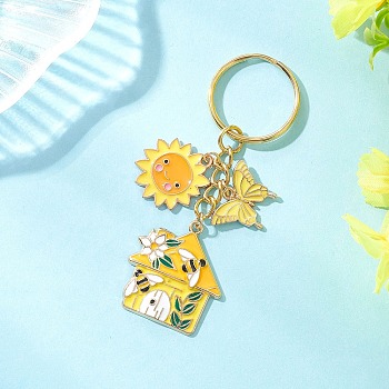Zinc Alloy Enamel Keychains, with Iron Split Key Rings, Sun with House & Butterfly, Golden, 81.5mm