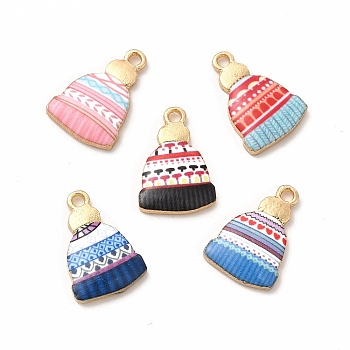 Winter Theme Printed Alloy Pendants, Lead Free & Cadmium Free & Nickel Free, Hat Charm, Golden, Mixed Color, 18x12.5x3mm, Hole: 1.8mm