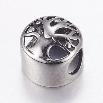 304 Stainless Steel European Beads, Large Hole Beads, Flat Round with Tree of Life, Antique Silver, 12x10mm, Hole: 5mm