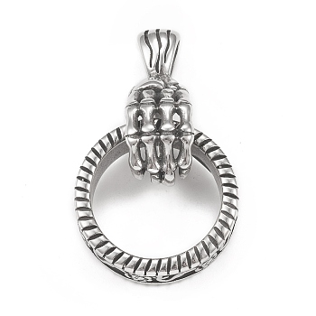 304 Stainless Steel Pendants, Skeleton Hand with Ring Charm, Antique Silver, 49mm, Hole: 4.4x8mm
