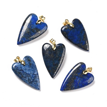 Natural Lapis Lazuli Pendants, with Rack Plating Golden Plated Brass Findings, Long-Lasting Plated, Dyed, Heart, 32~34x20x8mm, Hole: 4x4mm