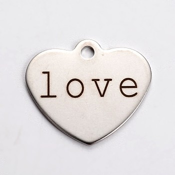 Stainless Steel Heart Pendants, with Word Love, Cadmium Free & Nickel Free & Lead Free, Stainless Steel Color, 21x24x1mm, Hole: 2mm