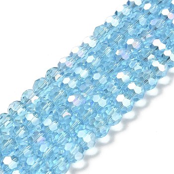 Transparent Glass Beads, Faceted, Round, Deep Sky Blue, 8x7~7.5mm, Hole: 1.5mm, about 66pcs/strand, 18.82''~19.06''(47.8~48.4cm)