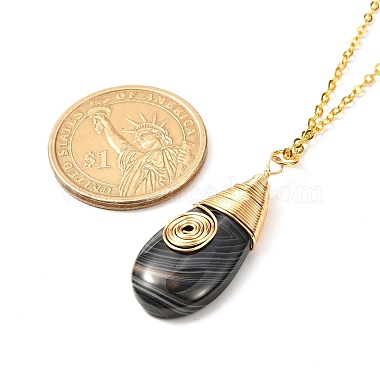 Collier pendentif en agate noire naturelle en fil de laiton enveloppé de larme et boucles d'oreilles pendantes(SJEW-JS01219)-5