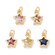 Brass Cubic Zirconia Charms, Real 18K Gold Plated, Star, Mixed Color, 9x7.5x3mm, Hole: 2.5mm(FIND-Z005-02)