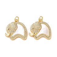 Brass Micro Pave Cubic Zirconia Pendants, with Shell and Jump Ring, Real 18K Gold Plated, Elephant, 20x20x4mm, Hole: 3mm(KK-B083-39B-G)