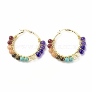Natural Mixed Stone Beaded Hoop Earrings for Women, Real 18K Gold Plated Wire Wrap Big Circle Hoop Earrings, 47~49x51~52x6~6.6mm, Pin: 1.4x0.4mm(EJEW-C003-03N-RS)